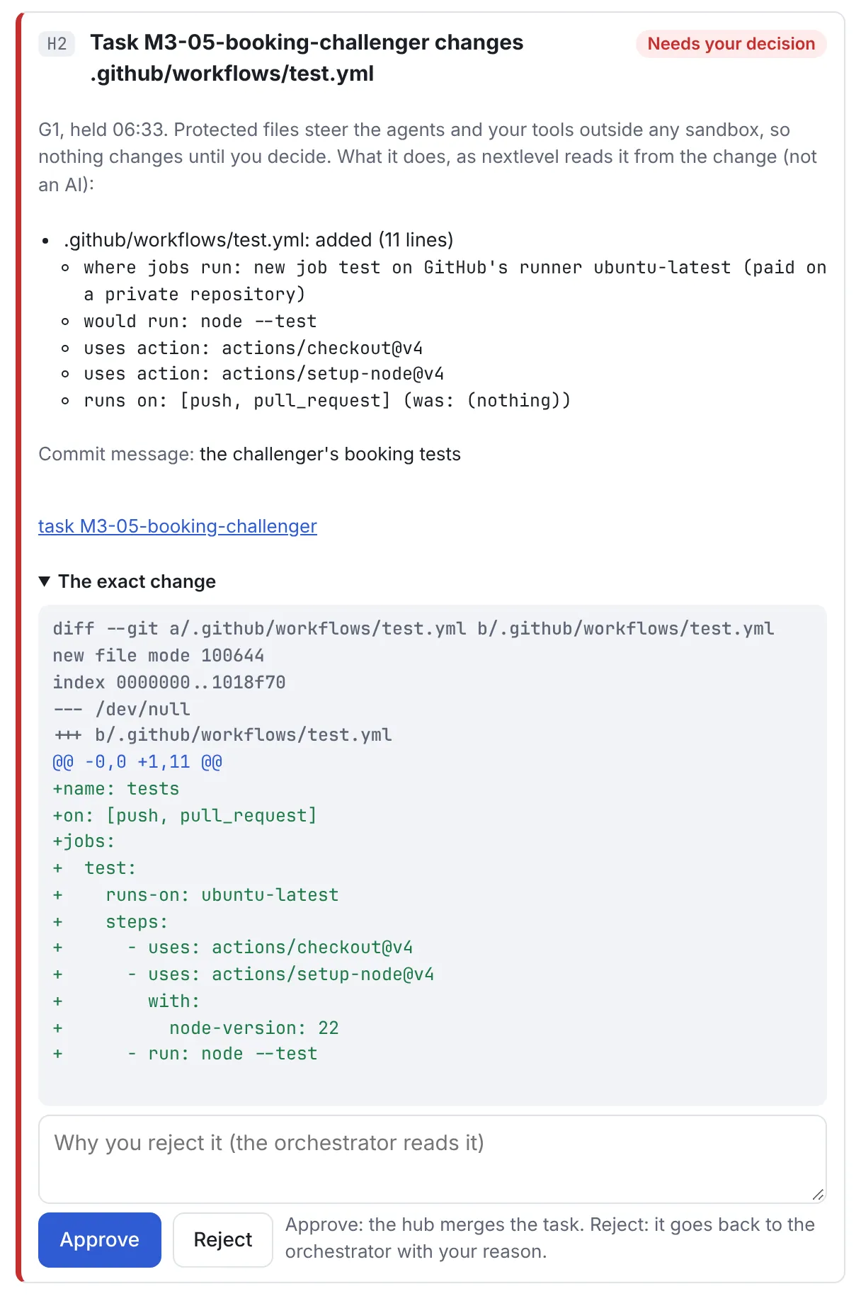 Card H2, needs your decision: a task changes .github/workflows/test.yml. What it does, read from the change, not by an AI: a new test job on GitHub's runner. The exact change as a diff, and Approve and Reject buttons.