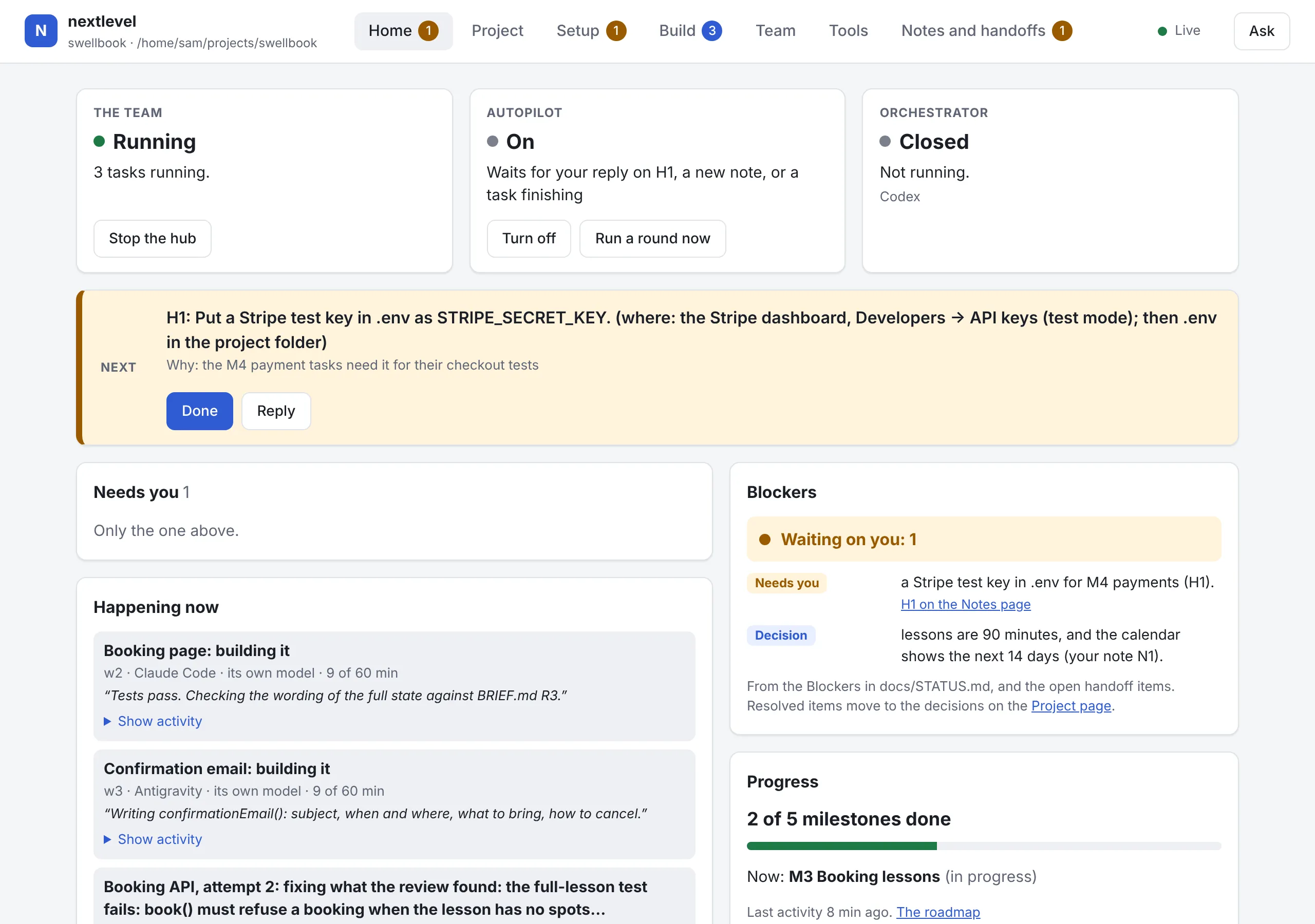 The nextlevel dashboard's Home page: the team running three tasks, autopilot on, the next thing for you to do, each running task in its worker's words, the blockers and the progress.